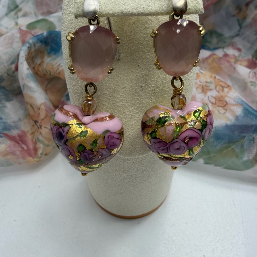 Shabby Chic  Floral Pink and Gold Heart Earrings #341UE